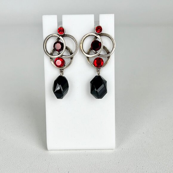 Chicos Antique Silver Red Black Pendant Necklace Earrings Matching Set - Picture 9 of 12